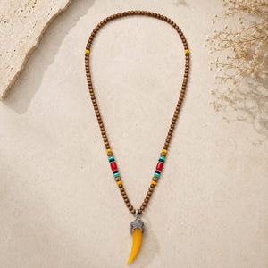 Bohemian Horn Pendant Wooden Bead Necklace for Men & Women image 1