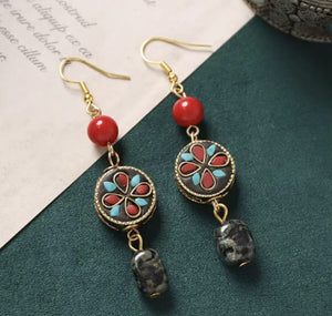 Handmade Enamel Turquoise Drop Earrings Vintage Boho Dangle - Design 6 image