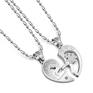 Couple Heart Lock Key Pendant Necklace Stainless Steel - Silver image