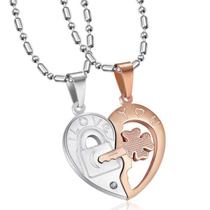 Couple Heart Lock Key Pendant Necklace Stainless Steel - Rose Gold image