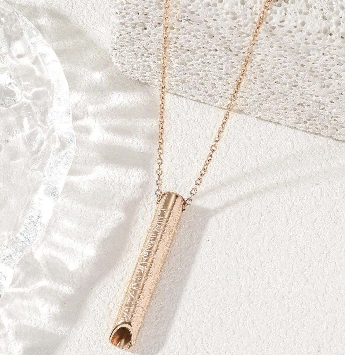 Whistle Stress Relief Meditation Pendant Necklace – 316 Stainless Steel with Arabic Calligraphy Design - Rose Gold image
