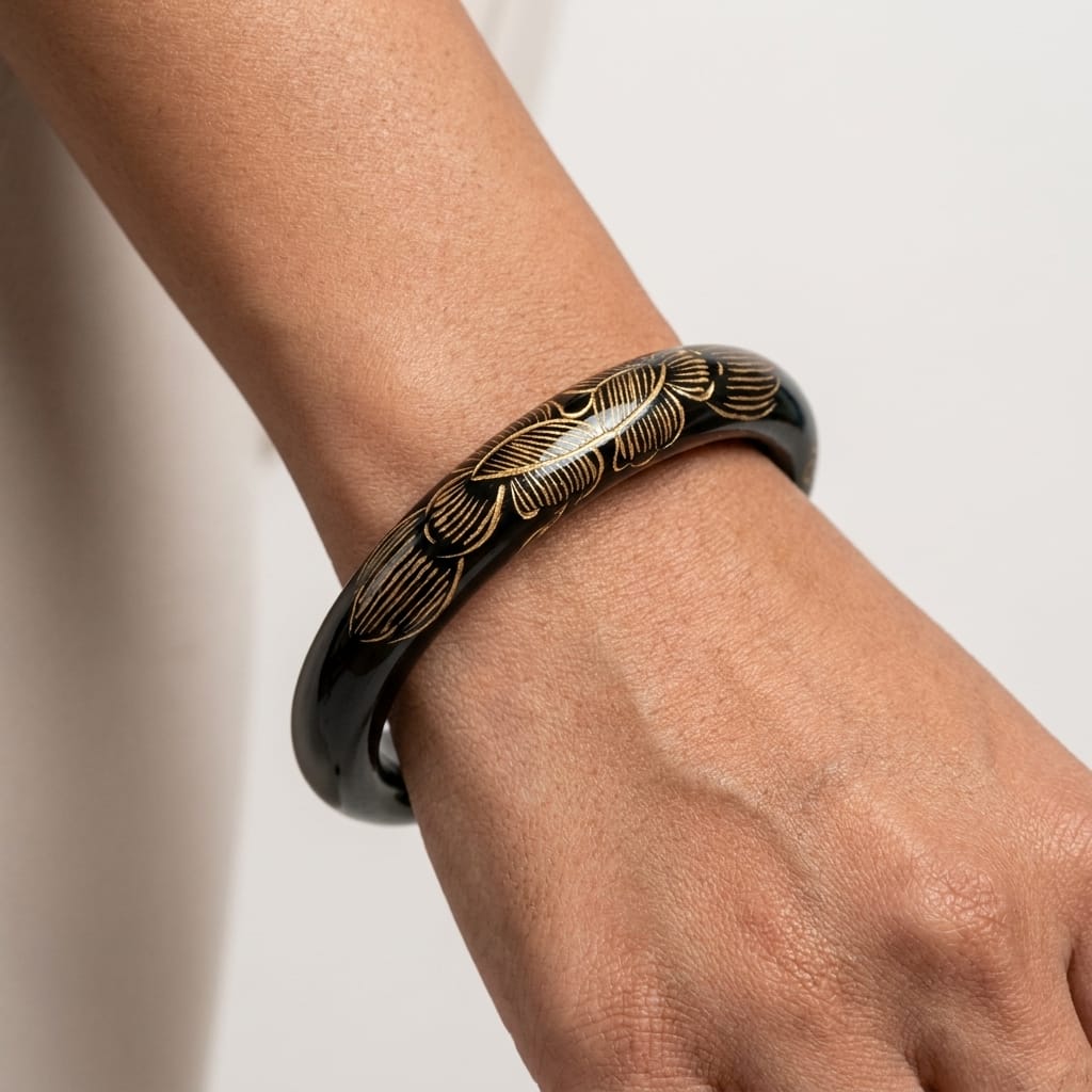 Premium Black Jade Engraved Bangle Bracelet for Women – Elegant Floral Glossy Luxury Kada image 2