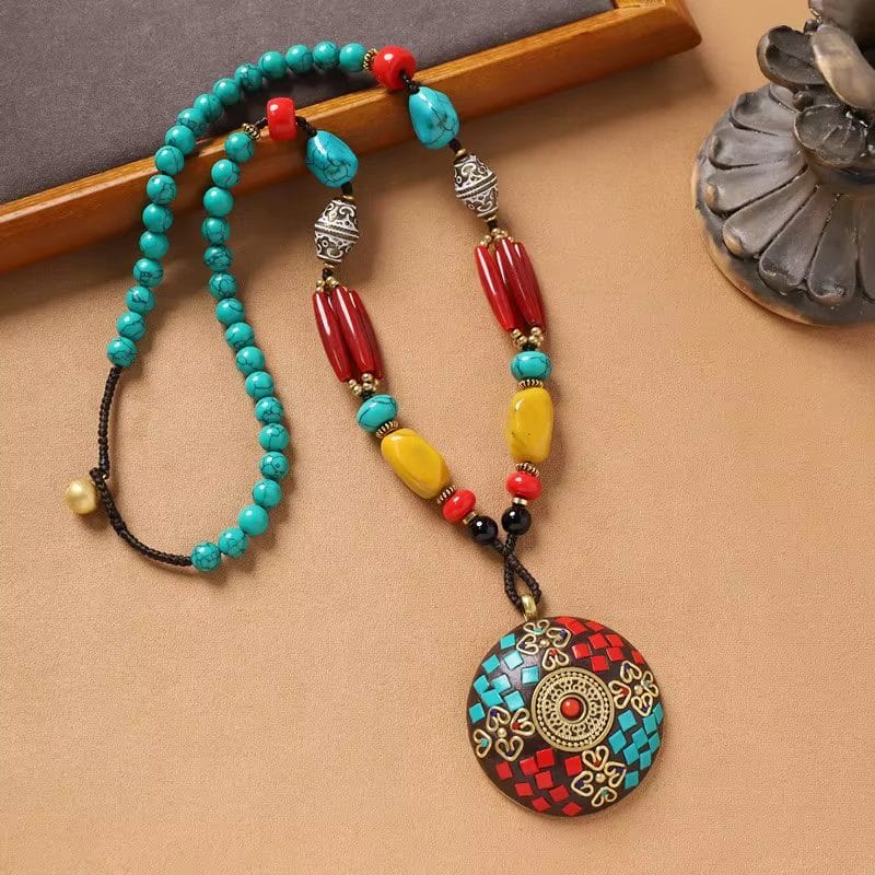 Handmade Enamel Turquoise Brass Pendant Necklace Vintage Design image 3