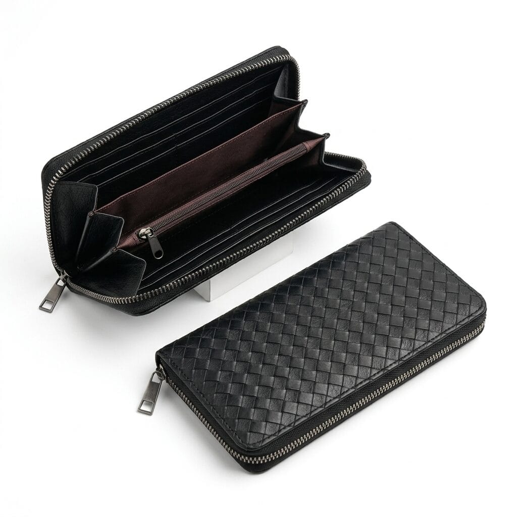 Black Woven Zip Around Wallet for Women – Large Capacity Wristlet Wallet with Card Slots &amp; Coin Pocket image 3