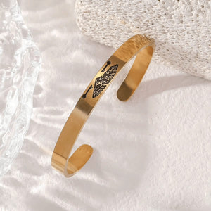 Stainless Steel Script Engraved Open Cuff Bangle Bracelet - Design 2, Gold image