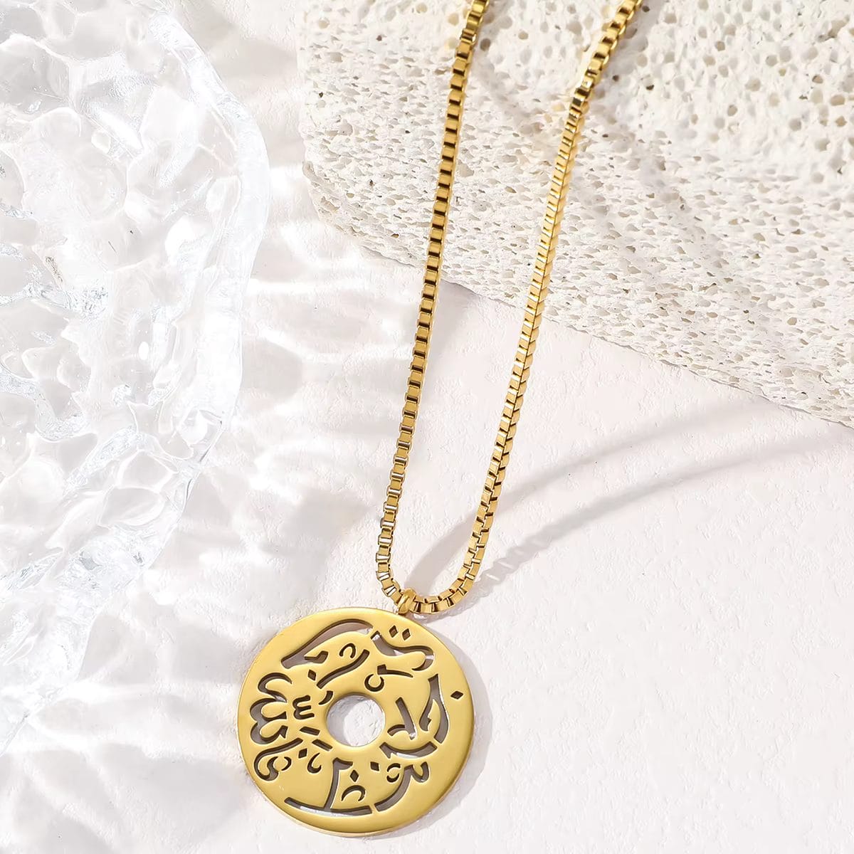 Stainless Steel Script Coin Pendant Necklace with Link Chain - Gold image