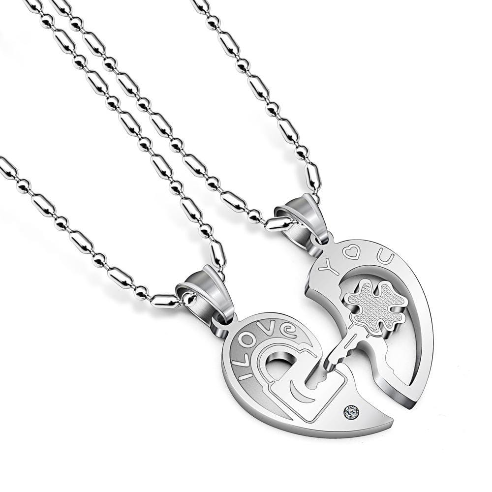 Couple Heart Lock Key Pendant Necklace Stainless Steel - Silver image
