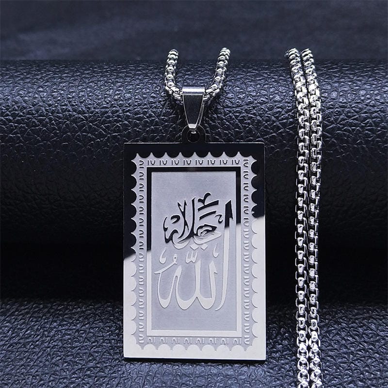 Islamic Allah Arabic Calligraphy Pendant Necklace Gold Plated Stainless Steel - Silver image