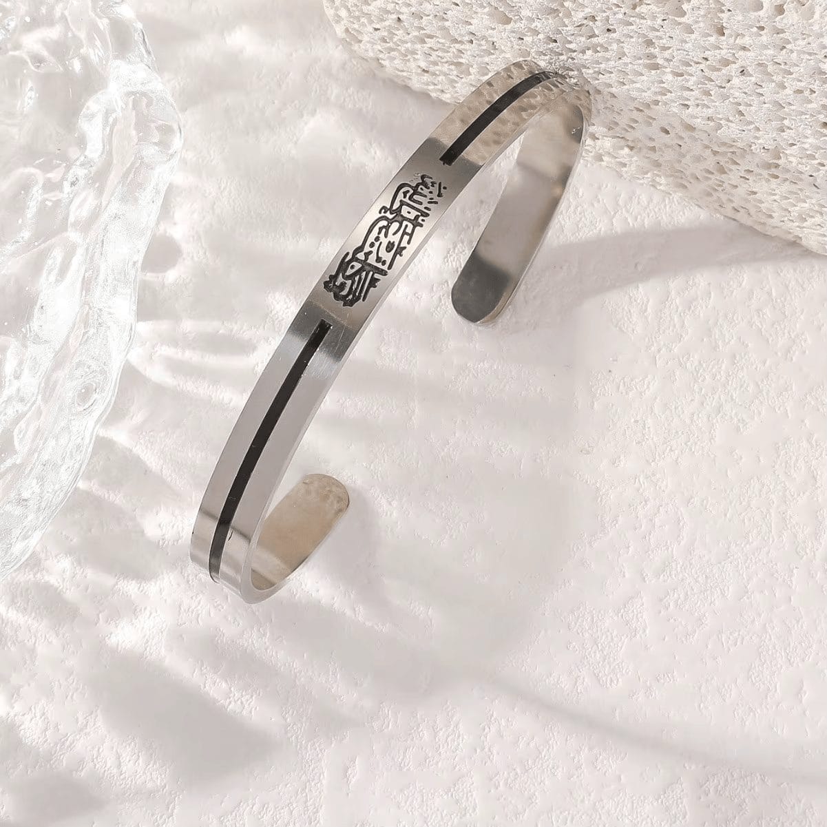 Stainless Steel Script Engraved Open Cuff Bangle Bracelet - Design 1, Silver image