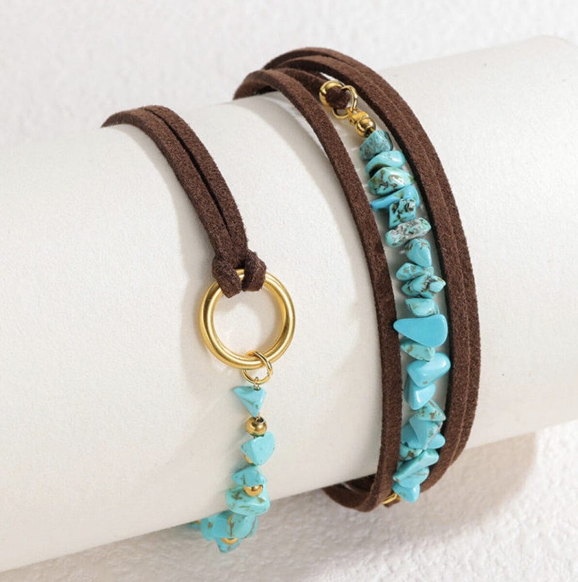 Bohemian Turquoise Beaded Bracelet Leather Cord Gold Chain Unisex image 0