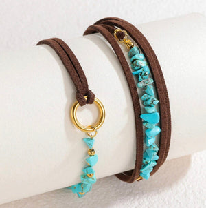 Bohemian Turquoise Beaded Bracelet Leather Cord Gold Chain Unisex image 0