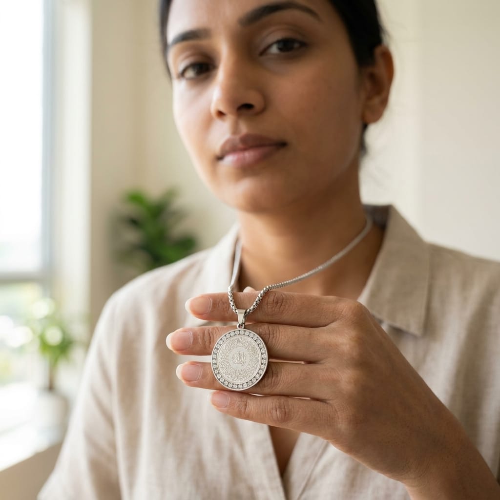 Luxury Ayatul Kursi Round Pendant Necklace – Stainless Steel Islamic Crystal Charm image 1