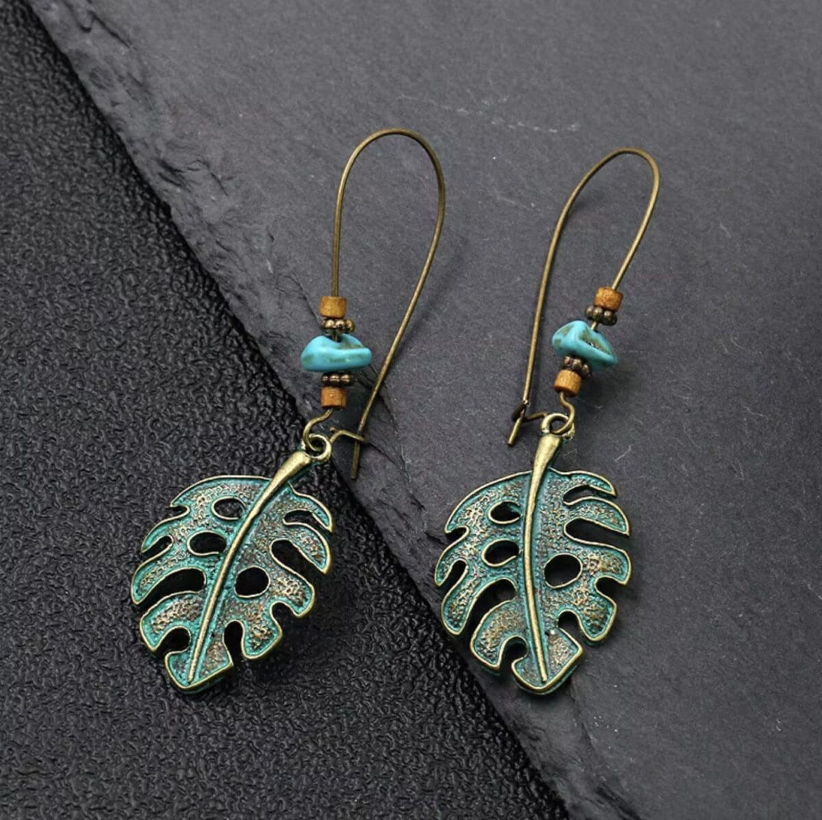 Baroque Boho Retro Antique Bronze Plated Monstera Leaf Waterdrop Earrings - Design 4 image