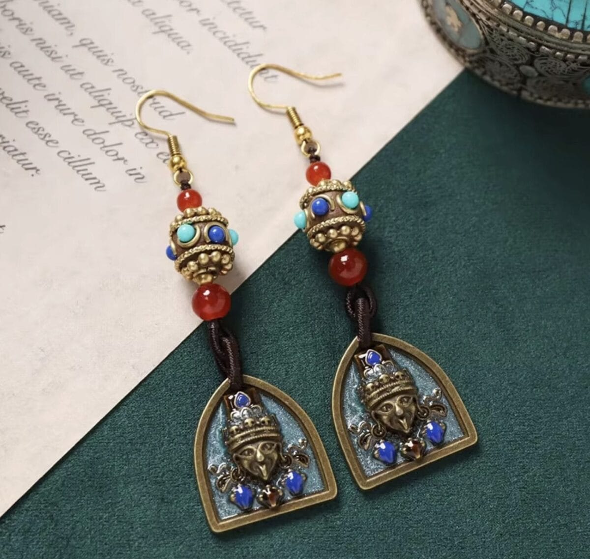 Handmade Enamel Turquoise Drop Earrings Vintage Boho Dangle - Design 12 image