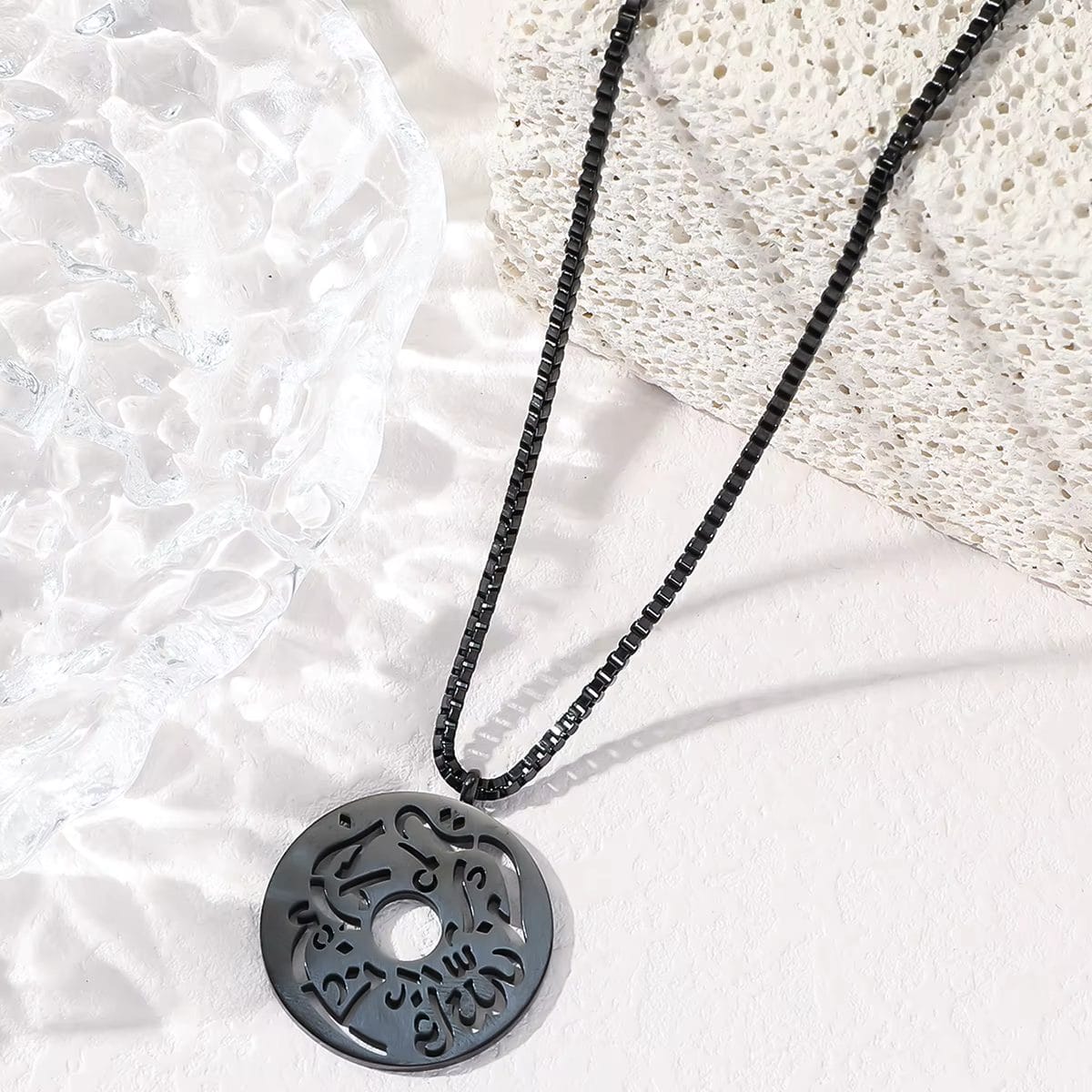 Stainless Steel Script Coin Pendant Necklace with Link Chain - Black image
