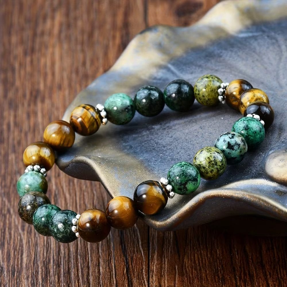 Tiger Eye and Turquoise Stone Beaded Bracelet Unisex - African Turquoise image