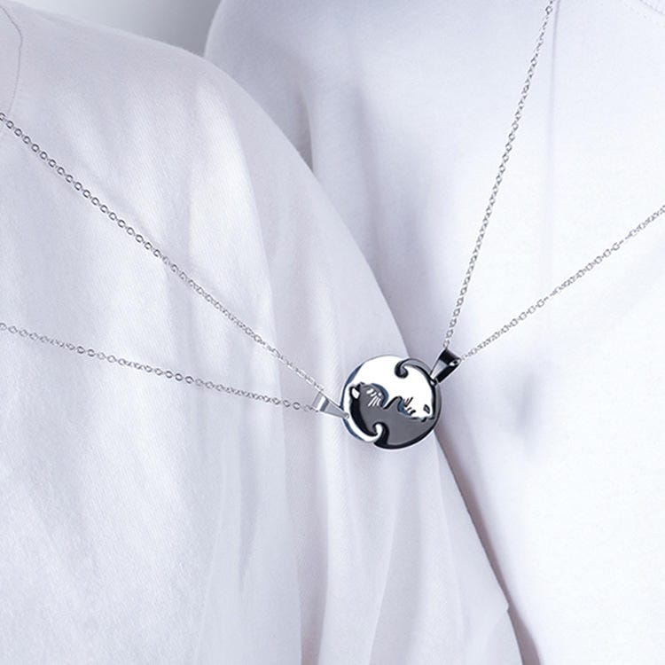 Black &amp; White Cat Couple Necklace Stainless Steel Friendship Pendant Set - Circular Shape image