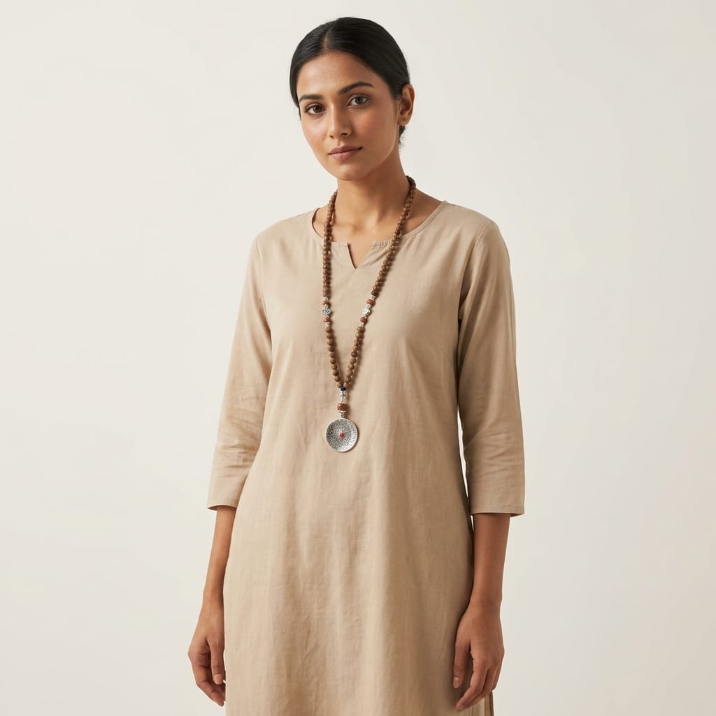 Long Spiritual Mala Necklace with Silver Mandala Pendant image 2