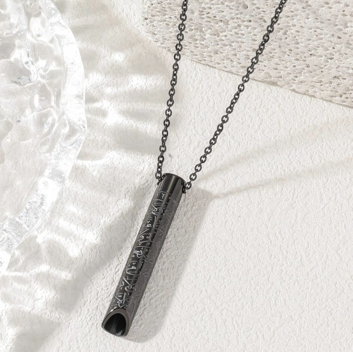 Whistle Stress Relief Meditation Pendant Necklace – 316 Stainless Steel with Arabic Calligraphy Design image 4