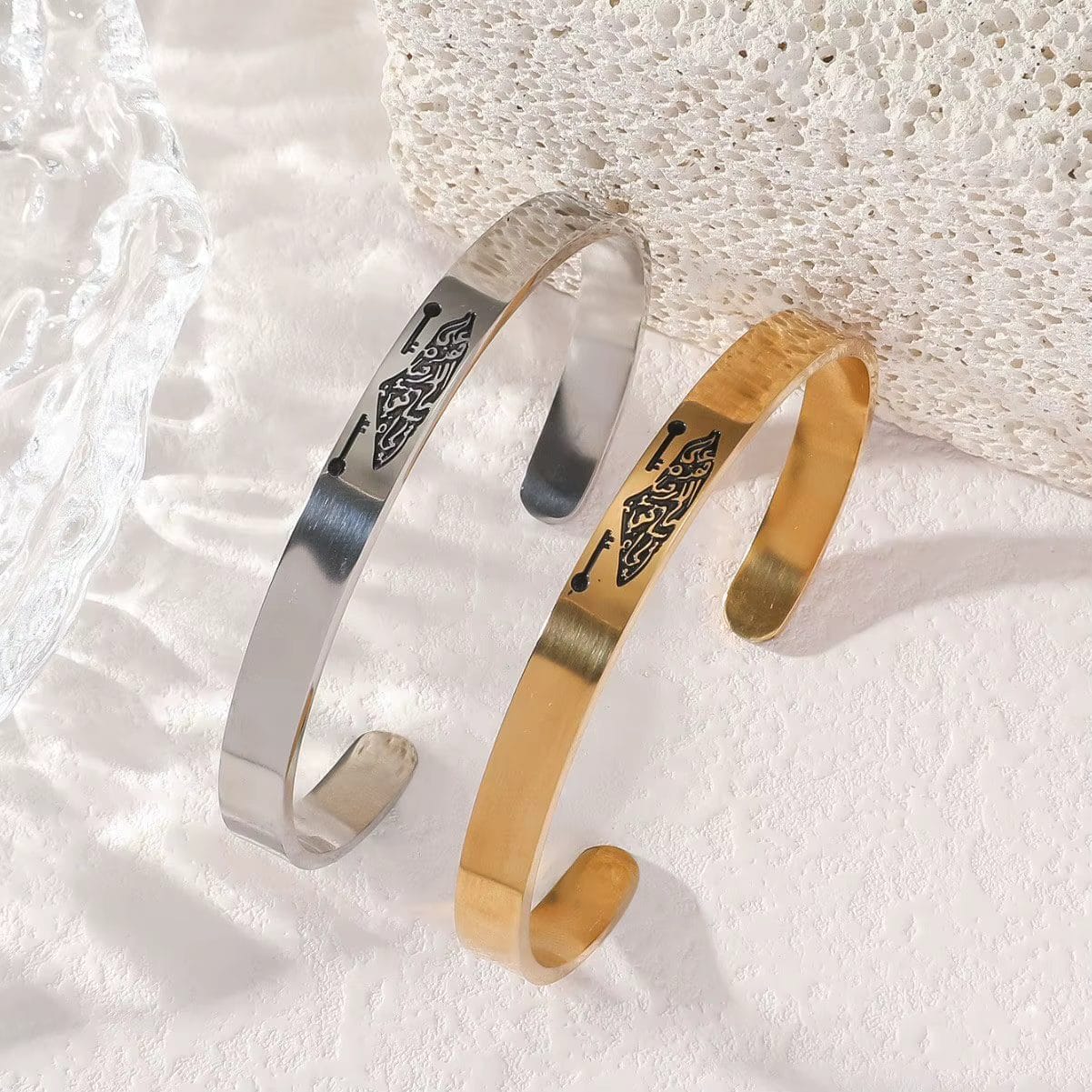 Stainless Steel Script Engraved Open Cuff Bangle Bracelet - Design 2, Silver image