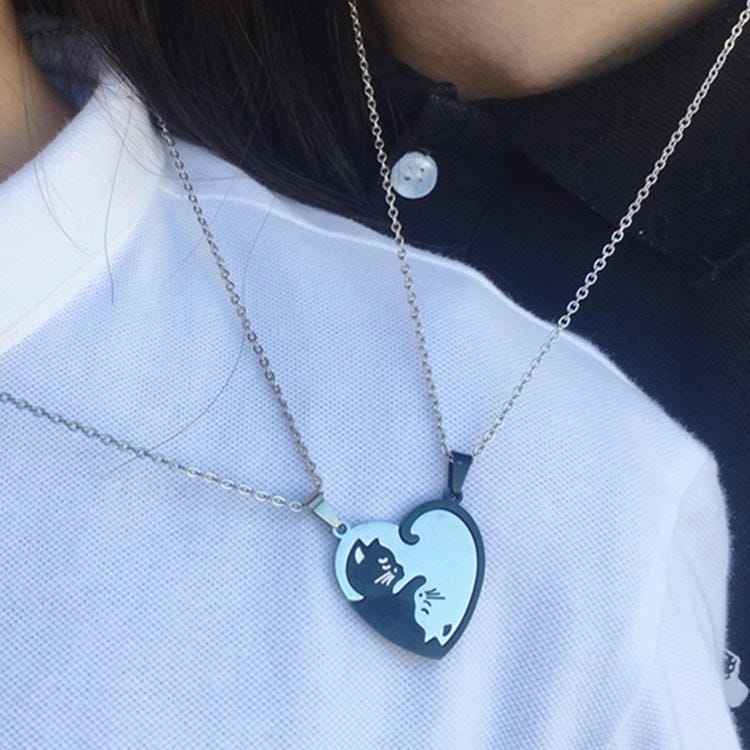 Black &amp; White Cat Couple Necklace Stainless Steel Friendship Pendant Set image 5
