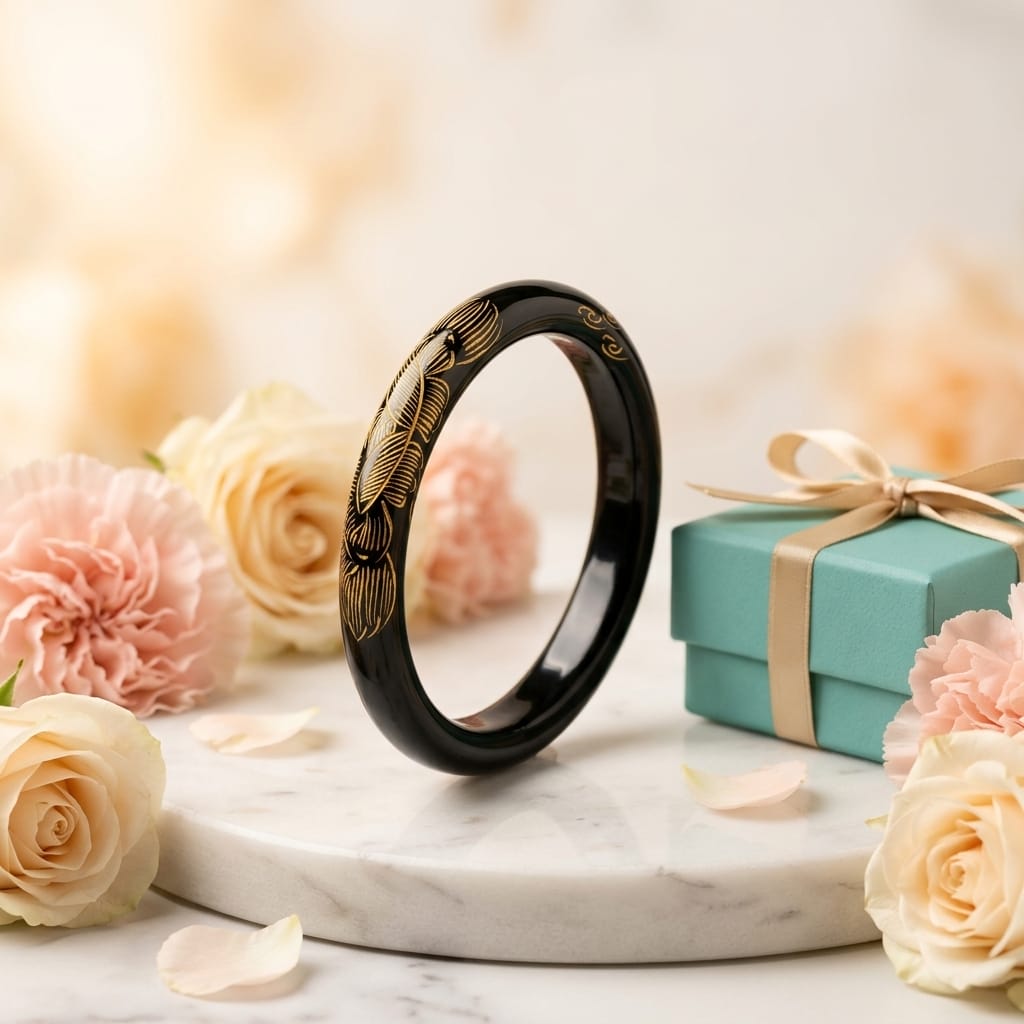 Premium Black Jade Engraved Bangle Bracelet for Women – Elegant Floral Glossy Luxury Kada image 5