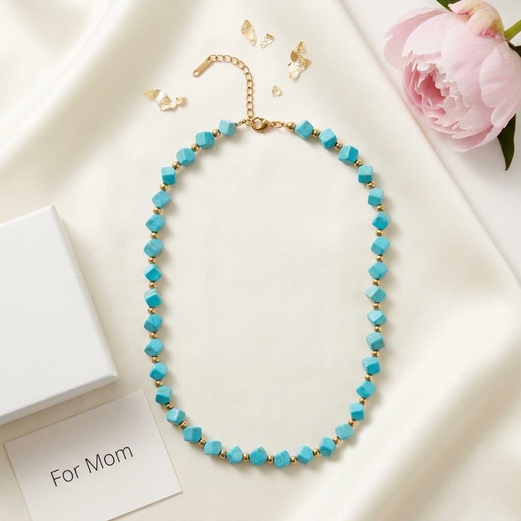 Turquoise Beaded Necklace for Women Adjustable Gold Tone Chain Minimal Stylish Stone Jewelry image 0
