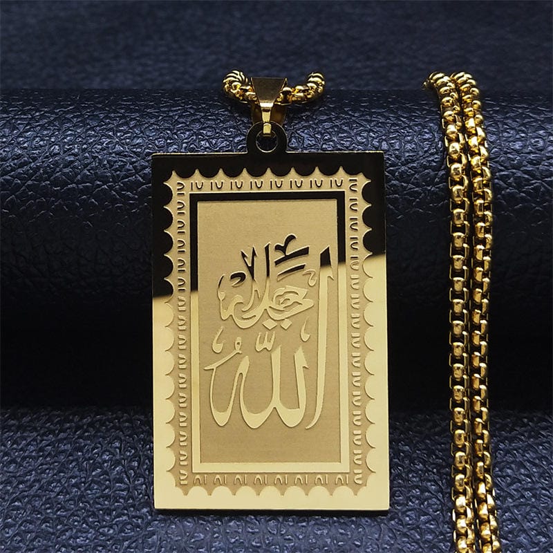 Islamic Allah Arabic Calligraphy Pendant Necklace Gold Plated Stainless Steel image 0