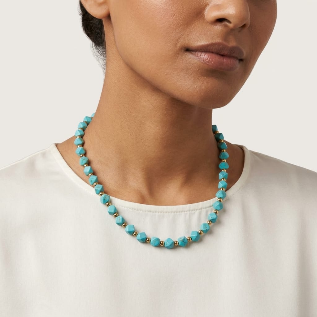 Turquoise Beaded Necklace for Women Adjustable Gold Tone Chain Minimal Stylish Stone Jewelry image 2