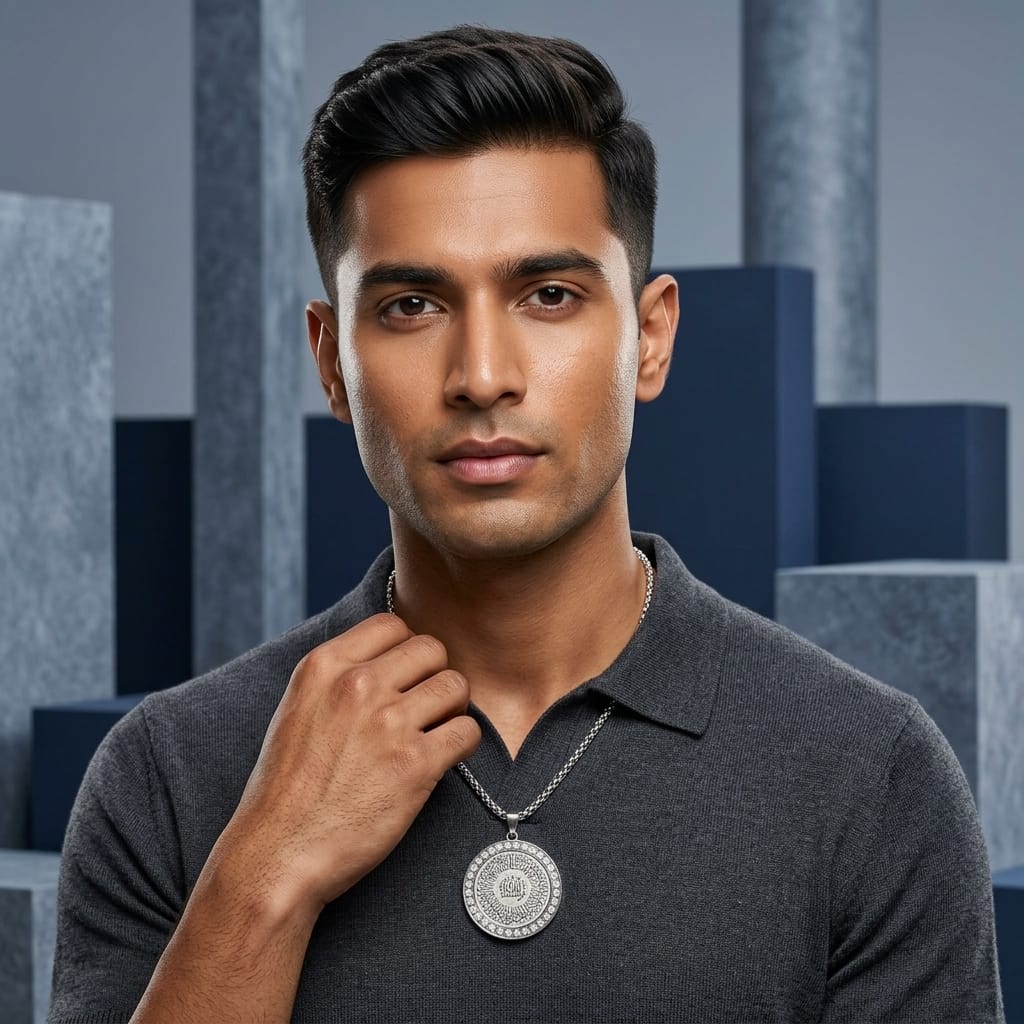 Luxury Ayatul Kursi Round Pendant Necklace – Stainless Steel Islamic Crystal Charm image 2