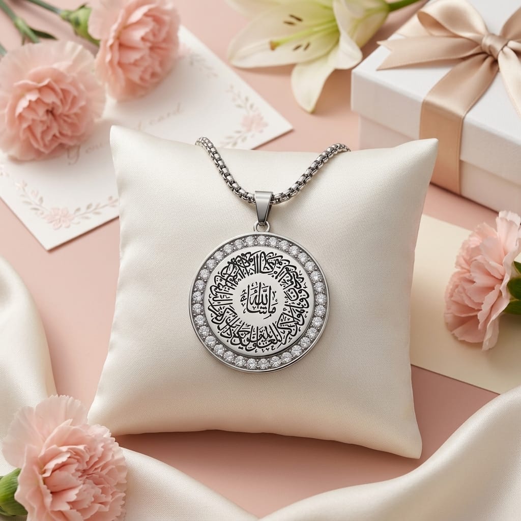Luxury Ayatul Kursi Round Pendant Necklace – Stainless Steel Islamic Crystal Charm image 6