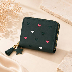 Heart Embroidered Zip Around Mini Wallet for Women &amp; Girls - Blue image