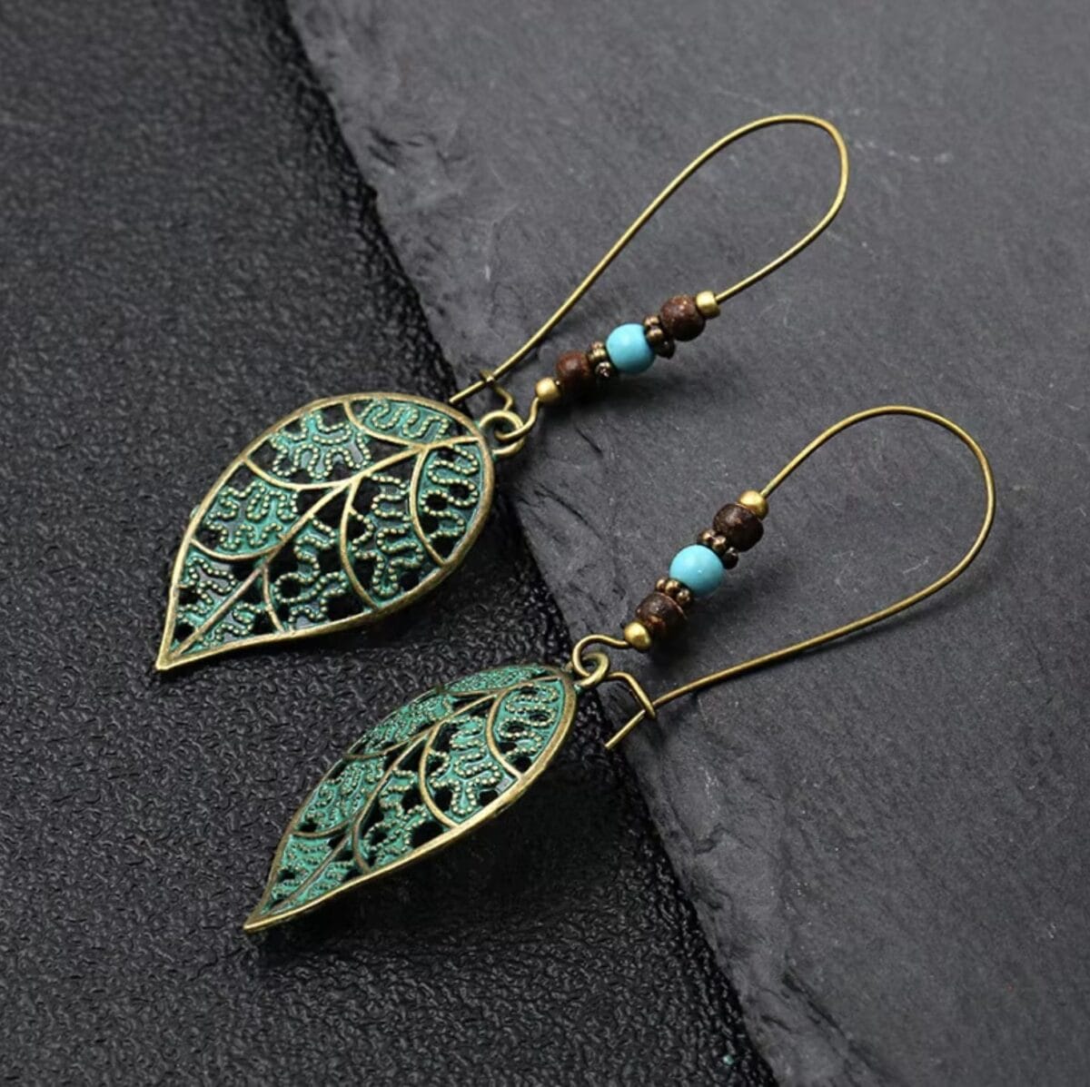 Baroque Boho Retro Antique Bronze Plated Monstera Leaf Waterdrop Earrings - Design 2 image