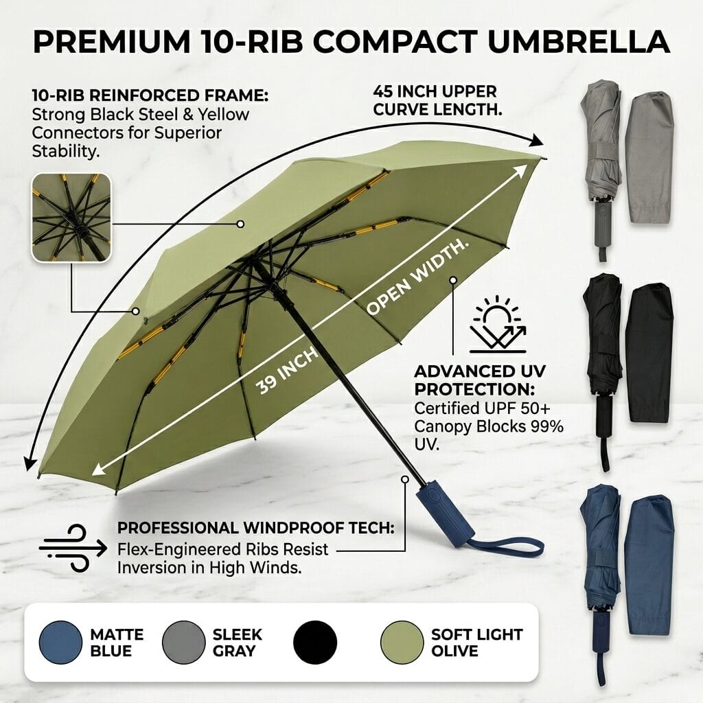 Premium 10-Rib Windproof Automatic Folding Umbrella with UV Protection, Water-Repellent Canopy &amp; One-Touch Open image 6