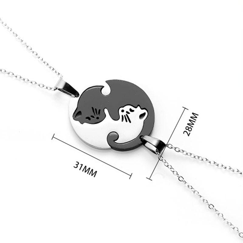 Black &amp; White Cat Couple Necklace Stainless Steel Friendship Pendant Set image 1