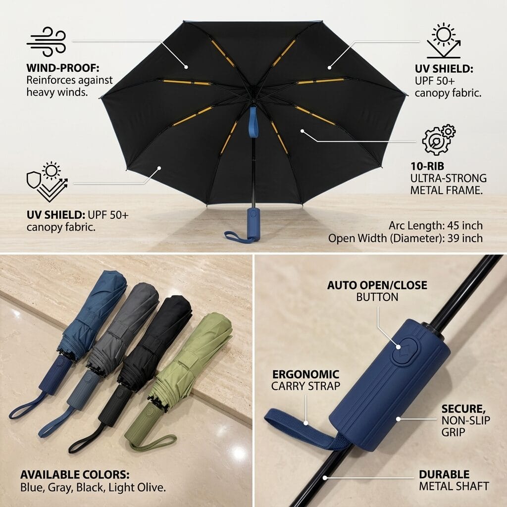 Premium 10-Rib Windproof Automatic Folding Umbrella with UV Protection, Water-Repellent Canopy &amp; One-Touch Open image 7