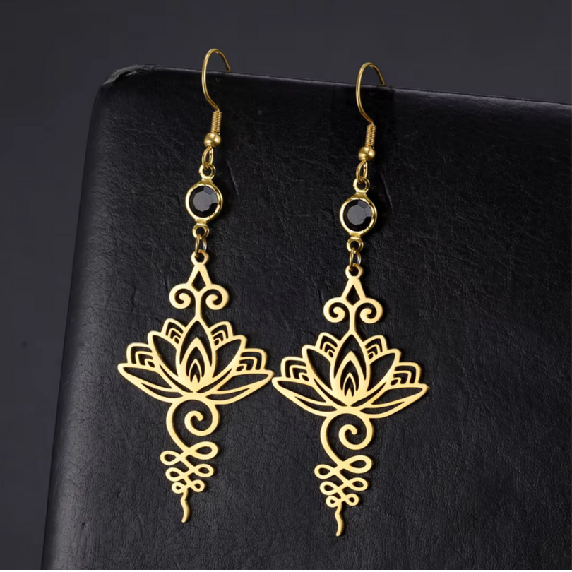 Boho Unalome Lotus Earrings – Golden Stainless Steel - Design 2 image
