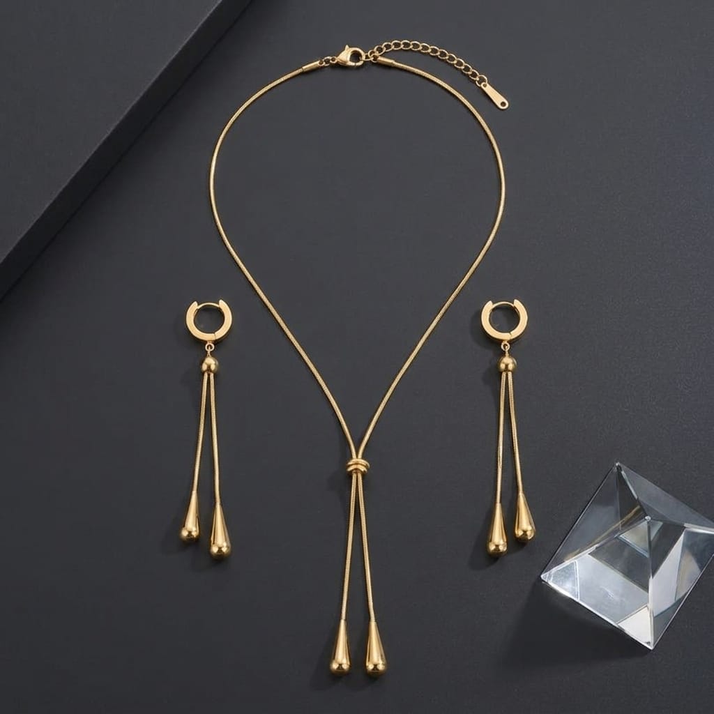 18K Gold Drop Necklace &amp; Earrings Set – Stainless Steel Jewelry image 0