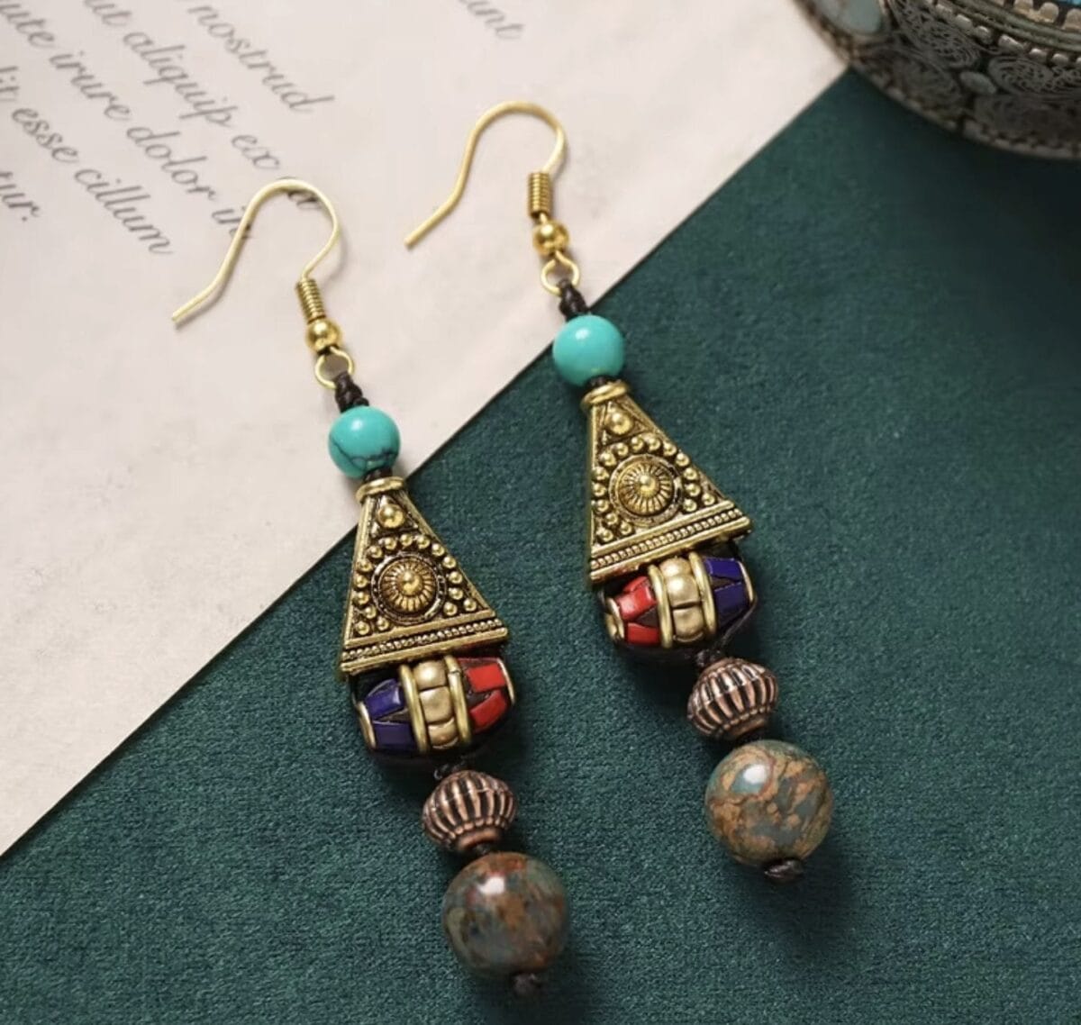 Handmade Enamel Turquoise Drop Earrings Vintage Boho Dangle - Design 5 image