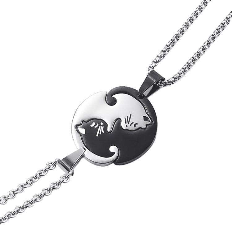 Black &amp; White Cat Couple Necklace Stainless Steel Friendship Pendant Set image 3