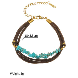 Bohemian Turquoise Beaded Bracelet Leather Cord Gold Chain Unisex - Design 1 image