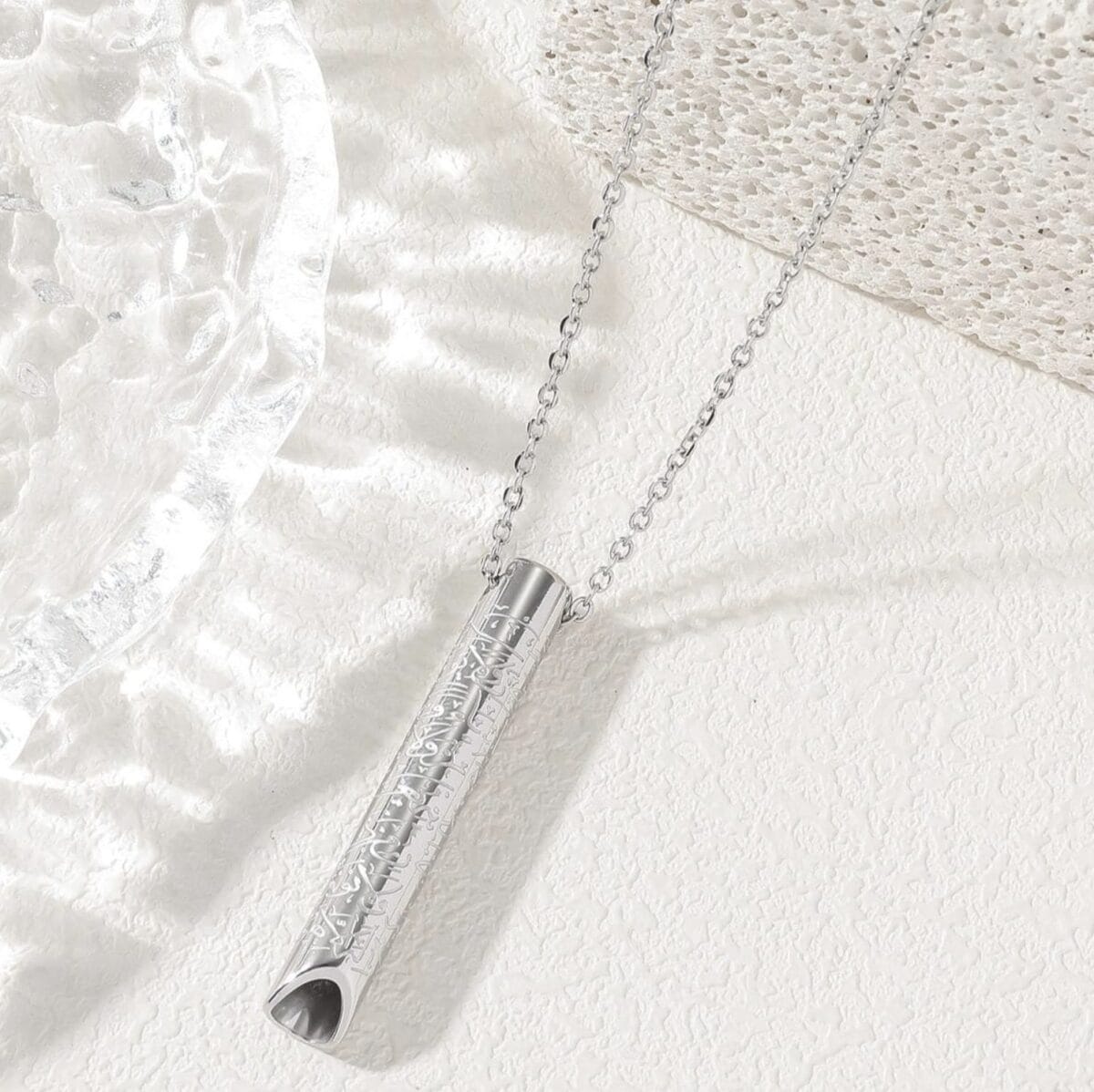 Whistle Stress Relief Meditation Pendant Necklace – 316 Stainless Steel with Arabic Calligraphy Design - Silver image