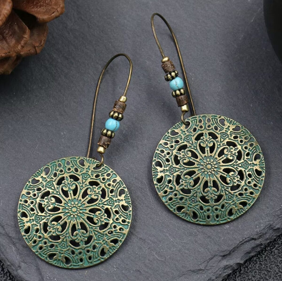 Baroque Boho Retro Antique Bronze Plated Monstera Leaf Waterdrop Earrings image 2
