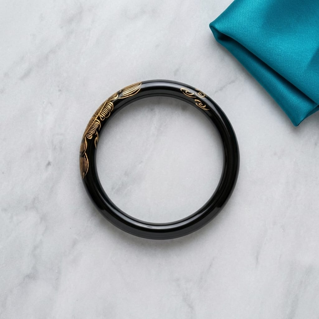 Premium Black Jade Engraved Bangle Bracelet for Women – Elegant Floral Glossy Luxury Kada image 3