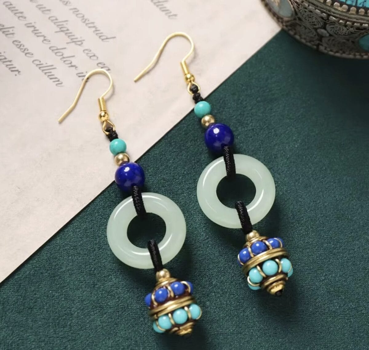 Handmade Enamel Turquoise Drop Earrings Vintage Boho Dangle - Design 3 image