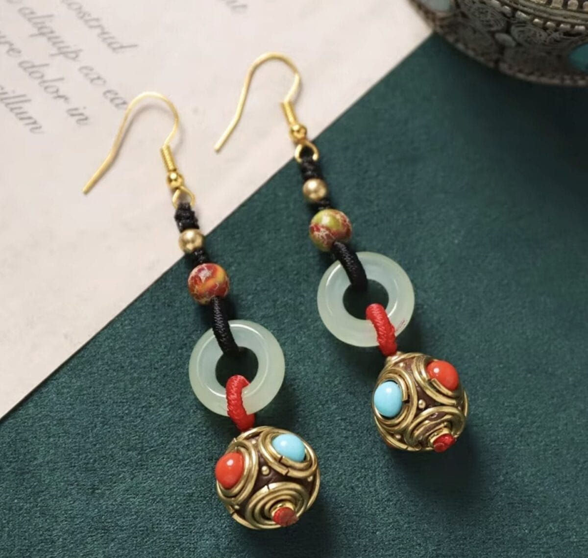 Handmade Enamel Turquoise Drop Earrings Vintage Boho Dangle - Design 1 image