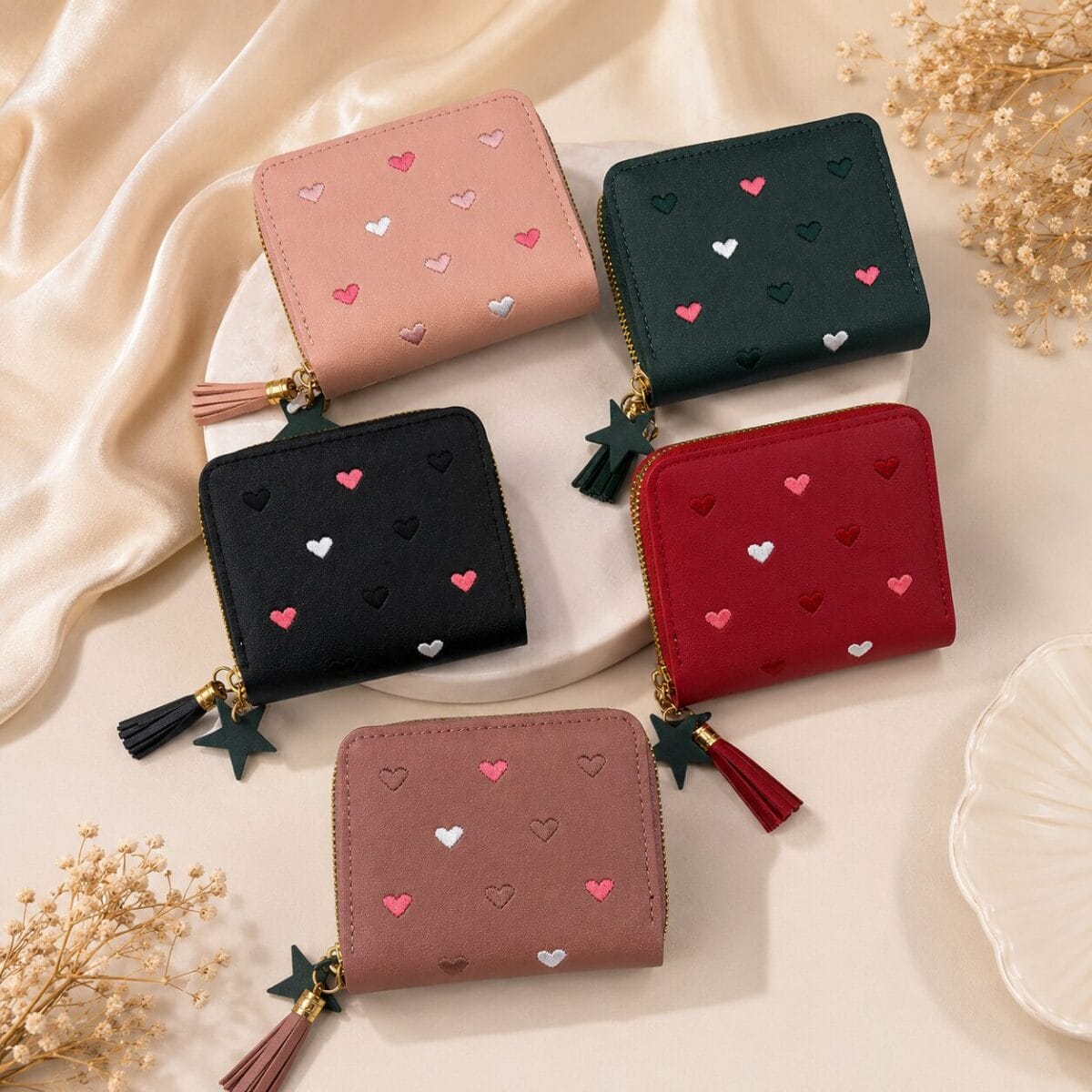 Heart Embroidered Zip Around Mini Wallet for Women &amp; Girls image 0