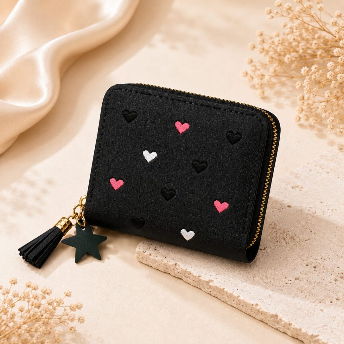 Heart Embroidered Zip Around Mini Wallet for Women &amp; Girls - Black image