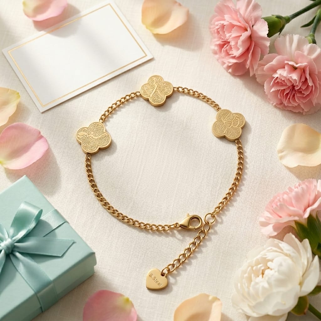 Islamic Gratitude Clover Bracelet – Arabic Calligraphy in Gold Stainless Steel - Rose Gold image