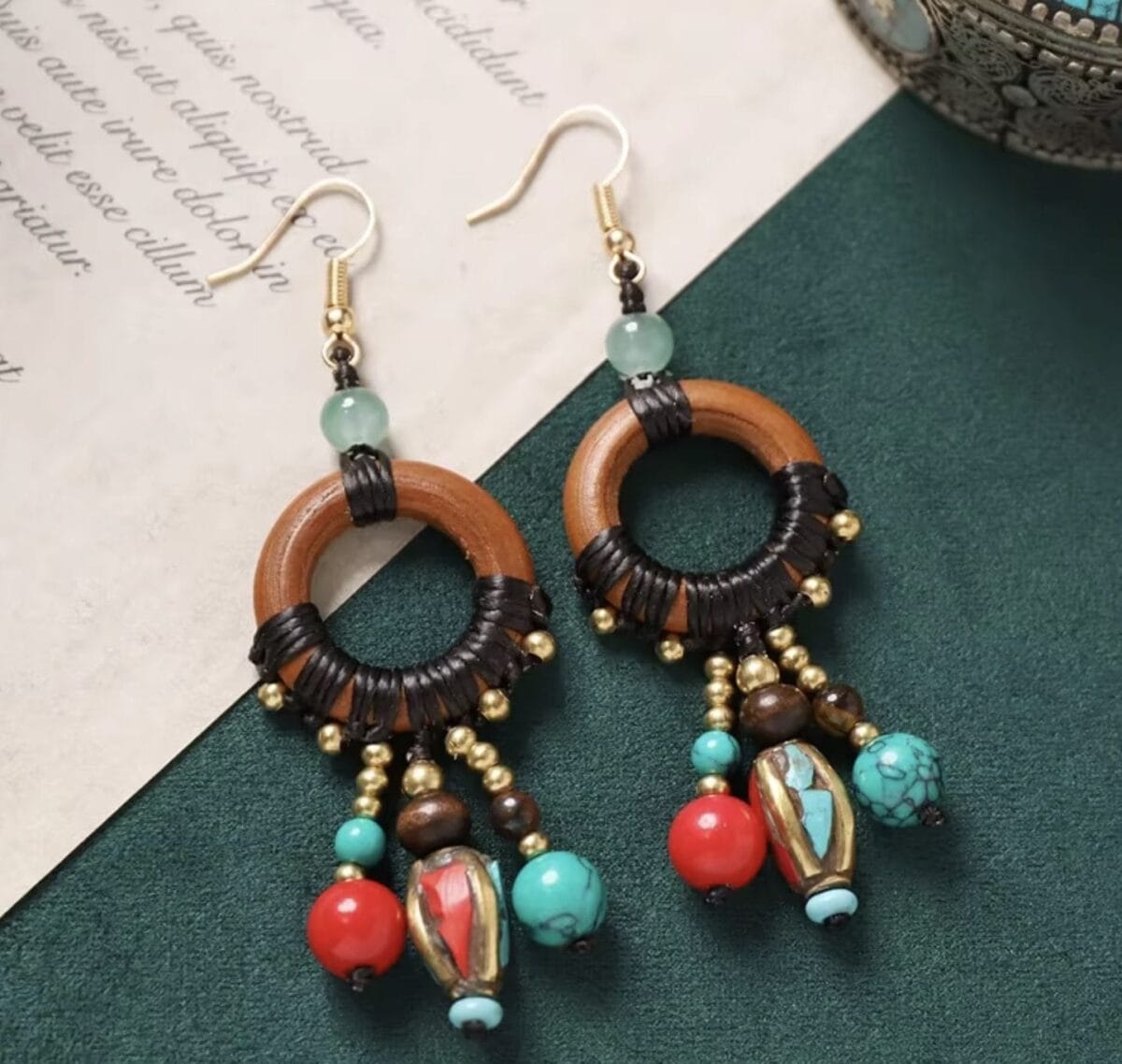 Handmade Enamel Turquoise Drop Earrings Vintage Boho Dangle - Design 11 image